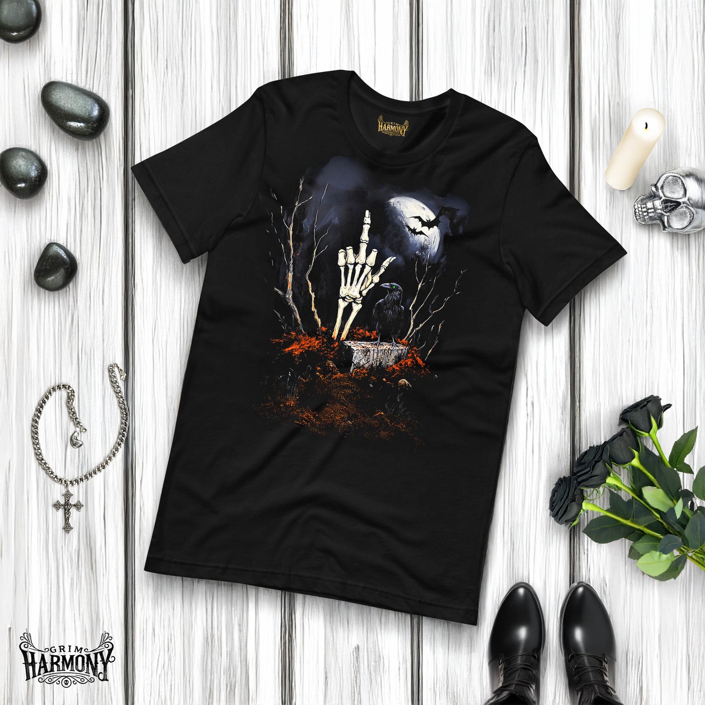 Grim Harmony “Raven’s Repose” T-shirt – Gothic Art with Haunting Forest Elegance