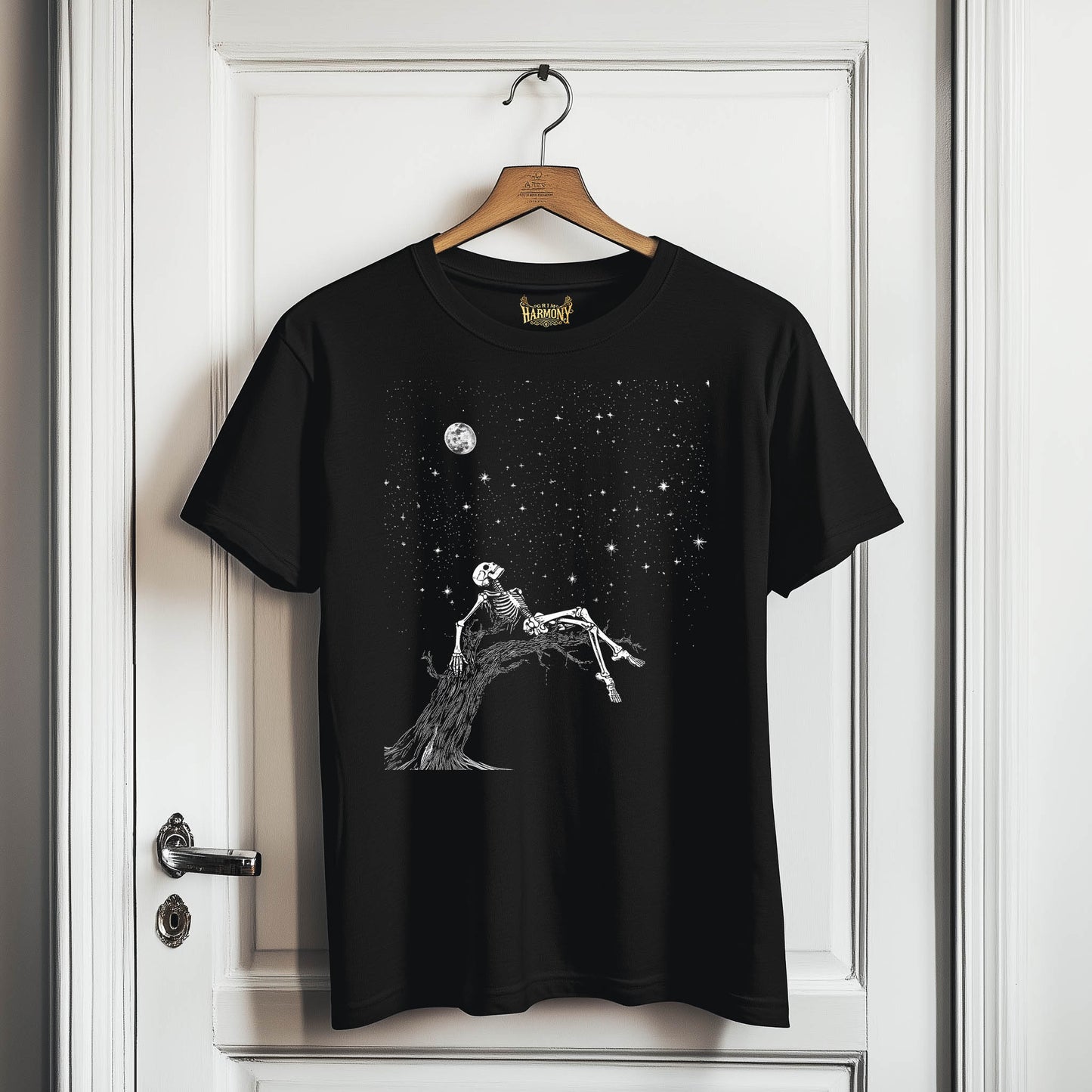 Grim Harmony “Moonlit Skeleton Dream” T-shirt – Gothic Art with Ethereal Night Sky