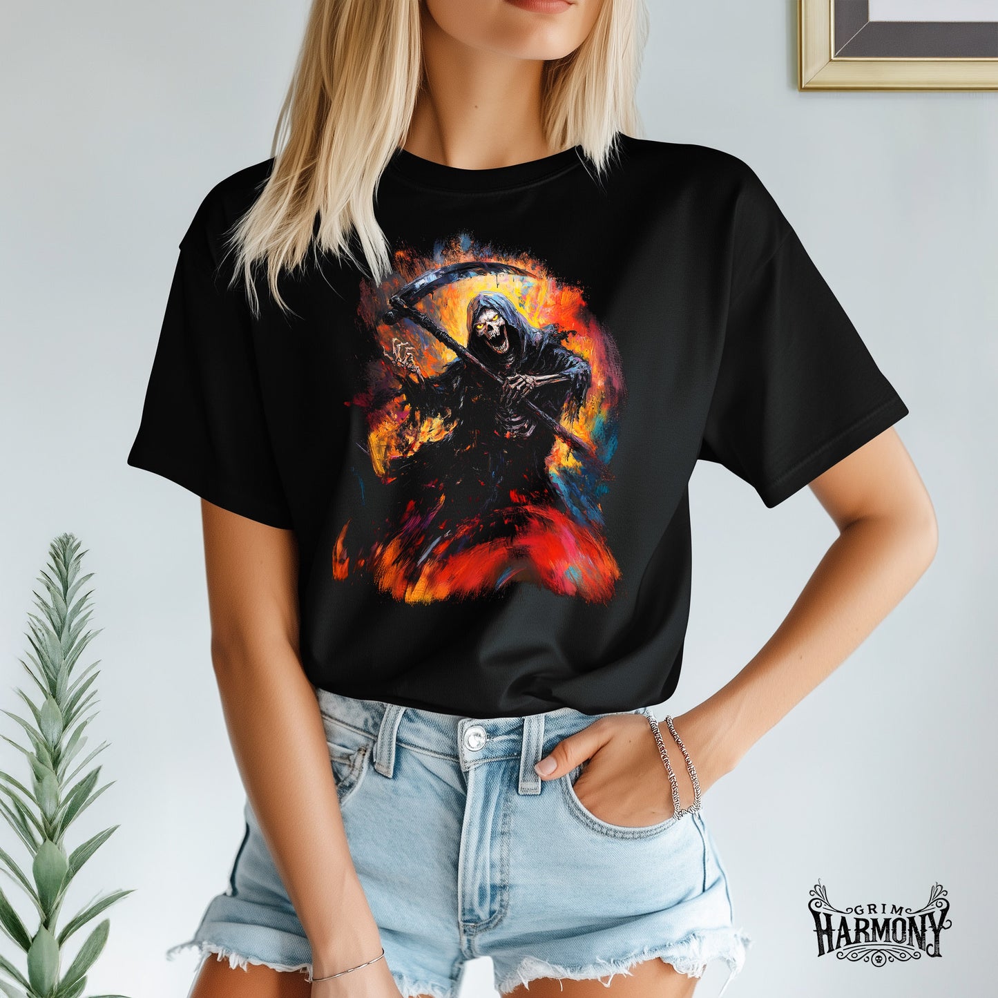 Grim Harmony “Inferno Reaper” T-shirt – Fiery Gothic Art with Bold Elegance