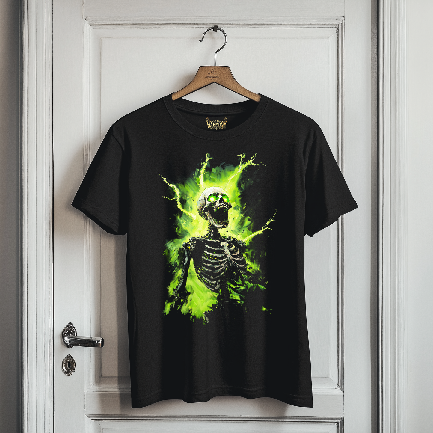 Gothic Skeleton Tee, Neon Afterlife Shirt, Alternative Fashion Top, Grim Harmony Graphic T-Shirt, Edgy Green Skeleton Clothing