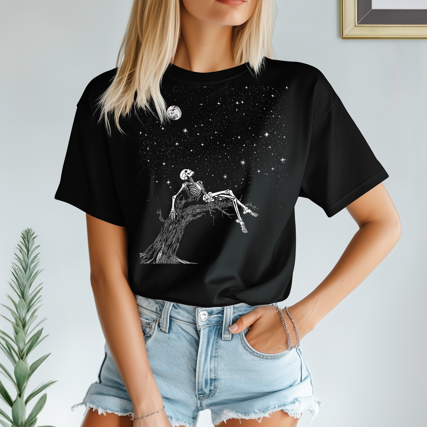 Grim Harmony “Moonlit Skeleton Dream” T-shirt – Gothic Art with Ethereal Night Sky