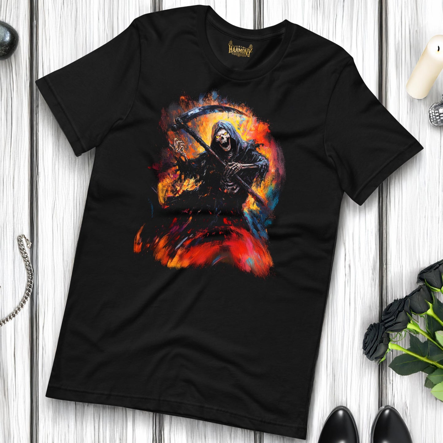 Grim Harmony “Inferno Reaper” T-shirt – Fiery Gothic Art with Bold Elegance