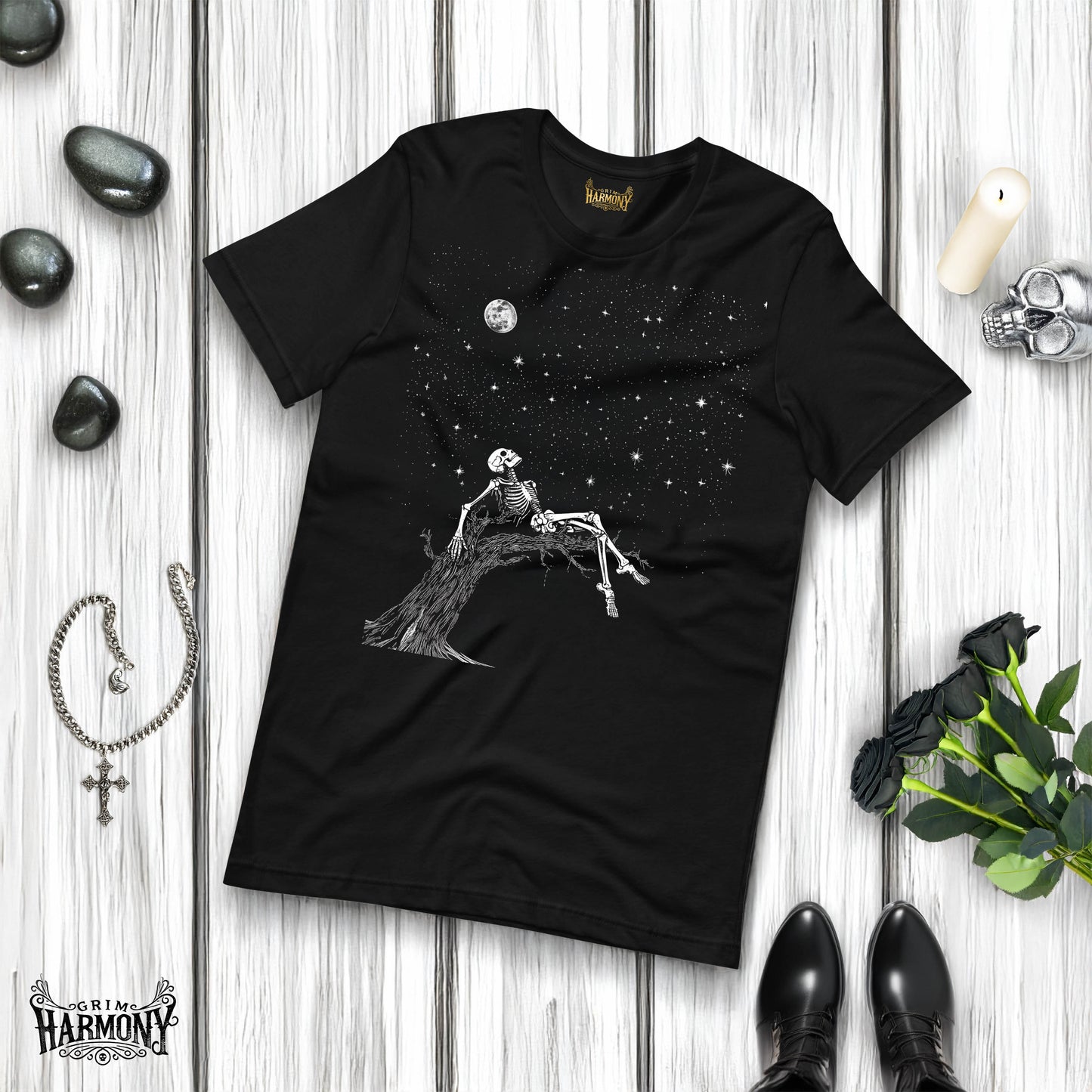 Grim Harmony “Moonlit Skeleton Dream” T-shirt – Gothic Art with Ethereal Night Sky