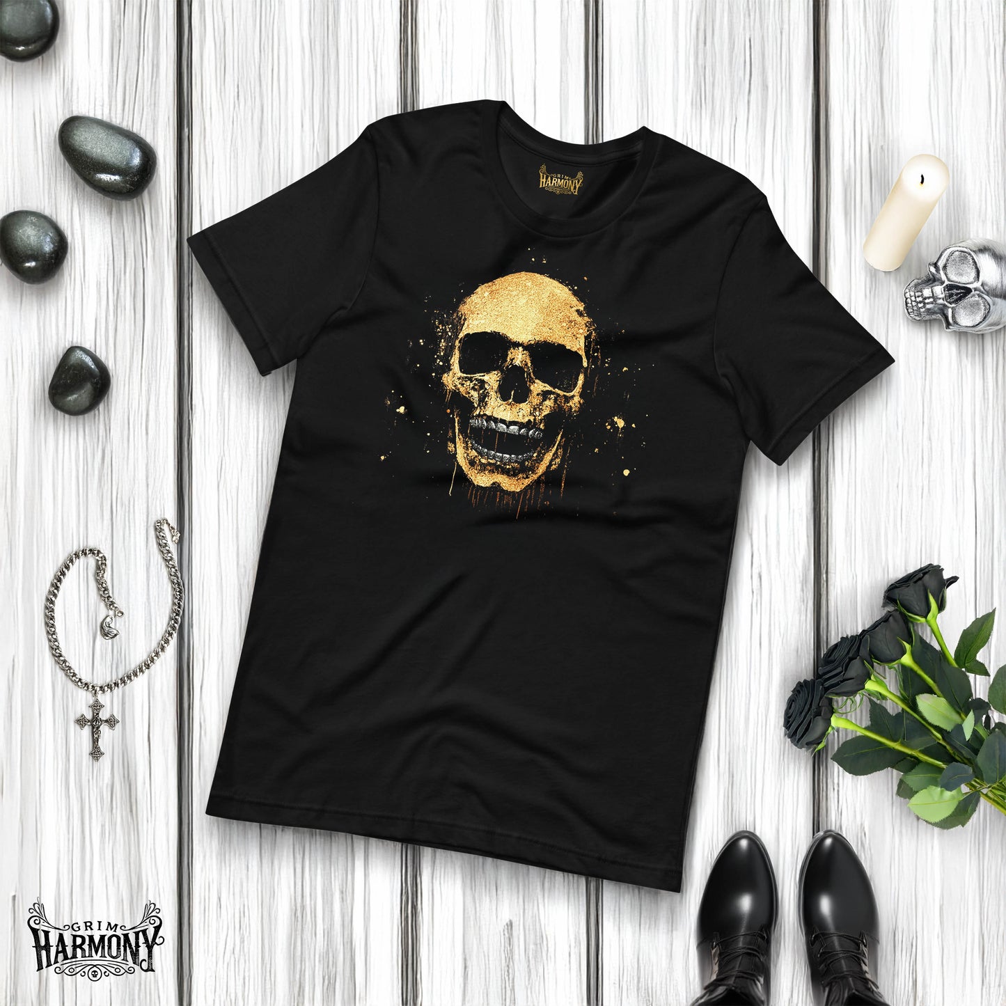 Grim Harmony “Golden Skull Splatter” T-shirt – Bold Gothic Art with Gold Elegance