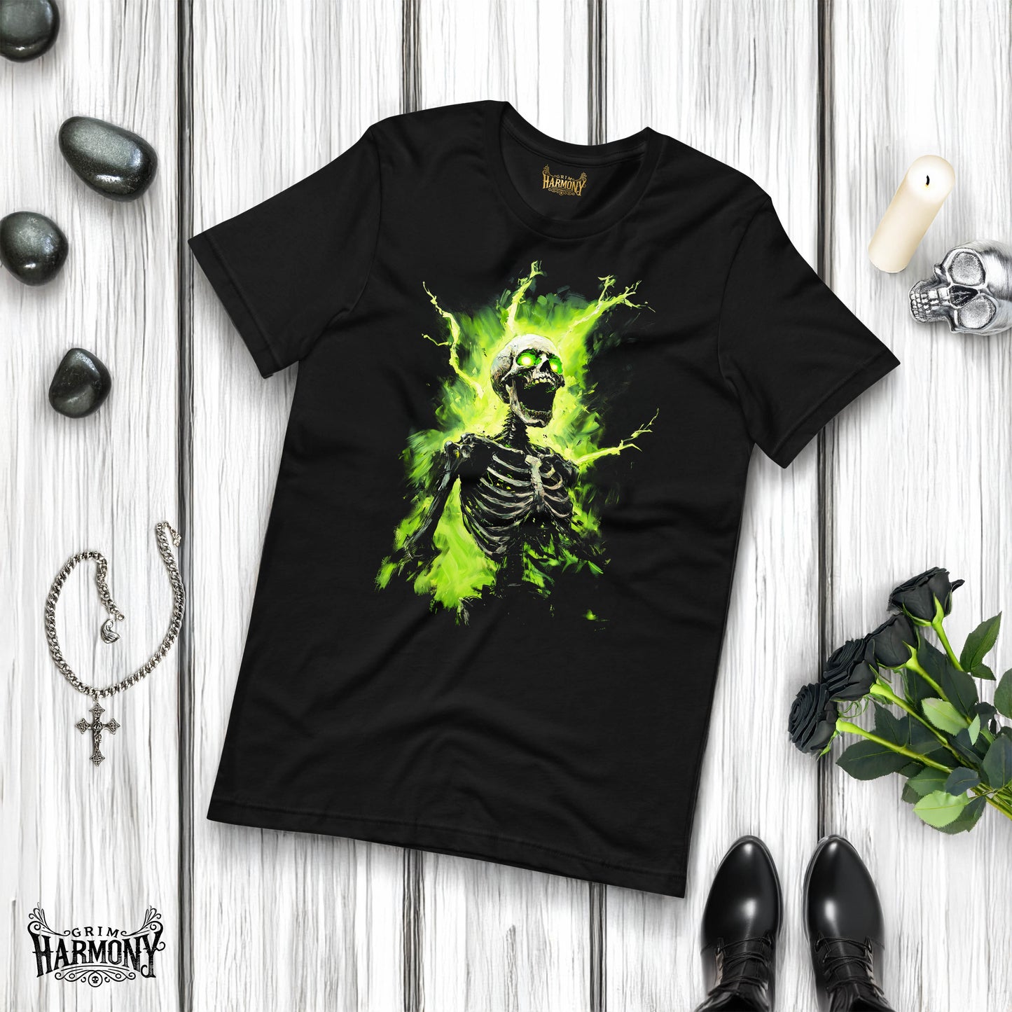 Gothic Skeleton Tee, Neon Afterlife Shirt, Alternative Fashion Top, Grim Harmony Graphic T-Shirt, Edgy Green Skeleton Clothing