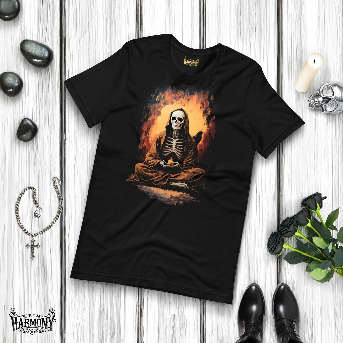 Grim Harmony “Candlelit Reaper” T-shirt – Gothic Art with Haunting Elegance