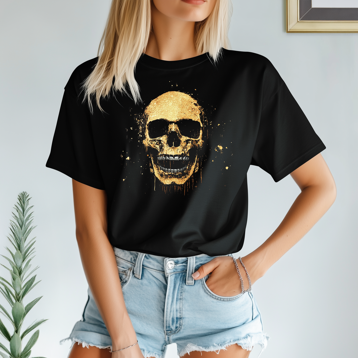 Grim Harmony “Golden Skull Splatter” T-shirt – Bold Gothic Art with Gold Elegance