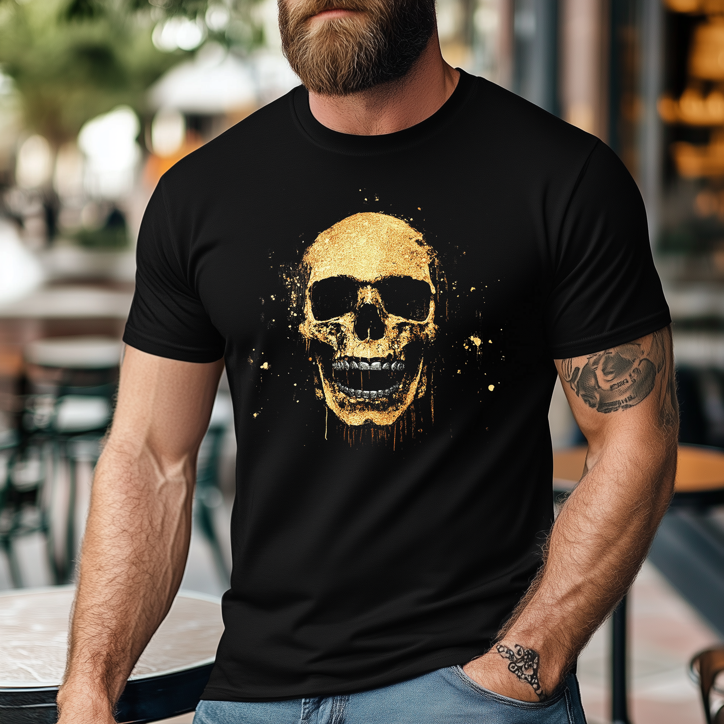 Grim Harmony “Golden Skull Splatter” T-shirt – Bold Gothic Art with Gold Elegance