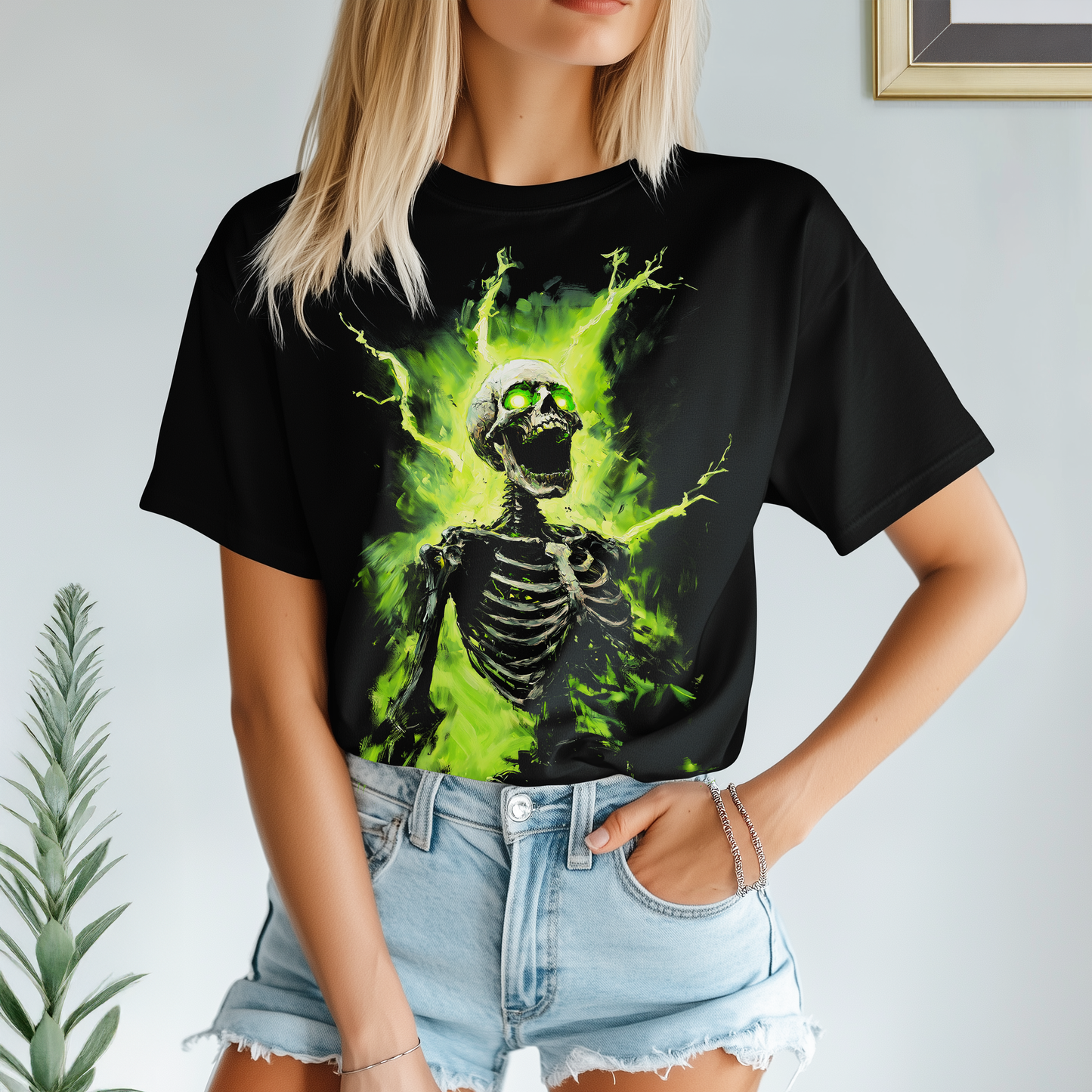 Gothic Skeleton Tee, Neon Afterlife Shirt, Alternative Fashion Top, Grim Harmony Graphic T-Shirt, Edgy Green Skeleton Clothing