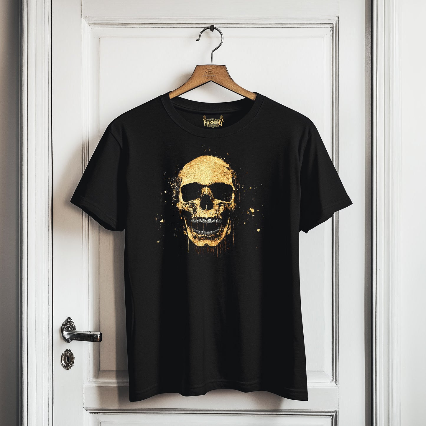 Grim Harmony “Golden Skull Splatter” T-shirt – Bold Gothic Art with Gold Elegance