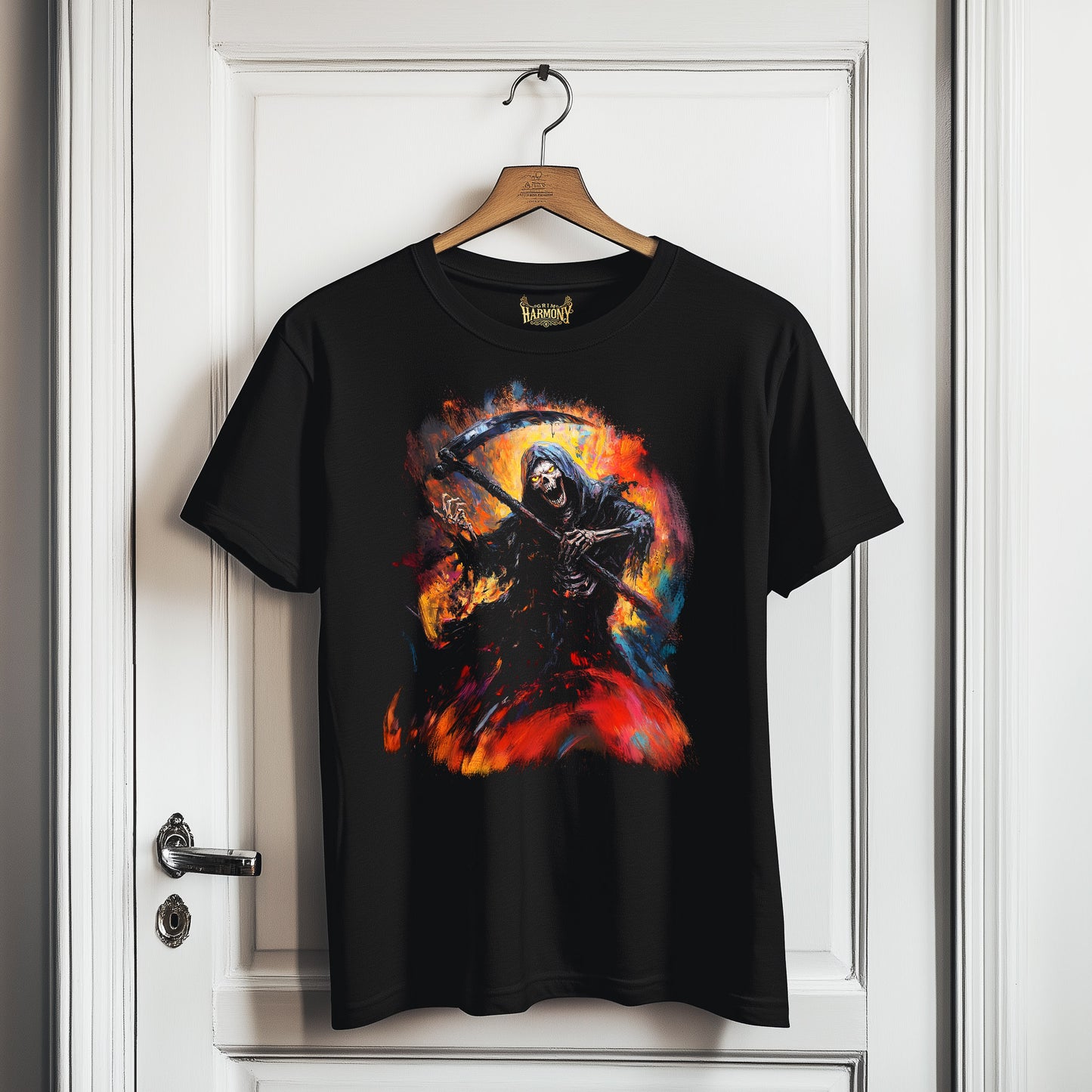 Grim Harmony “Inferno Reaper” T-shirt – Fiery Gothic Art with Bold Elegance