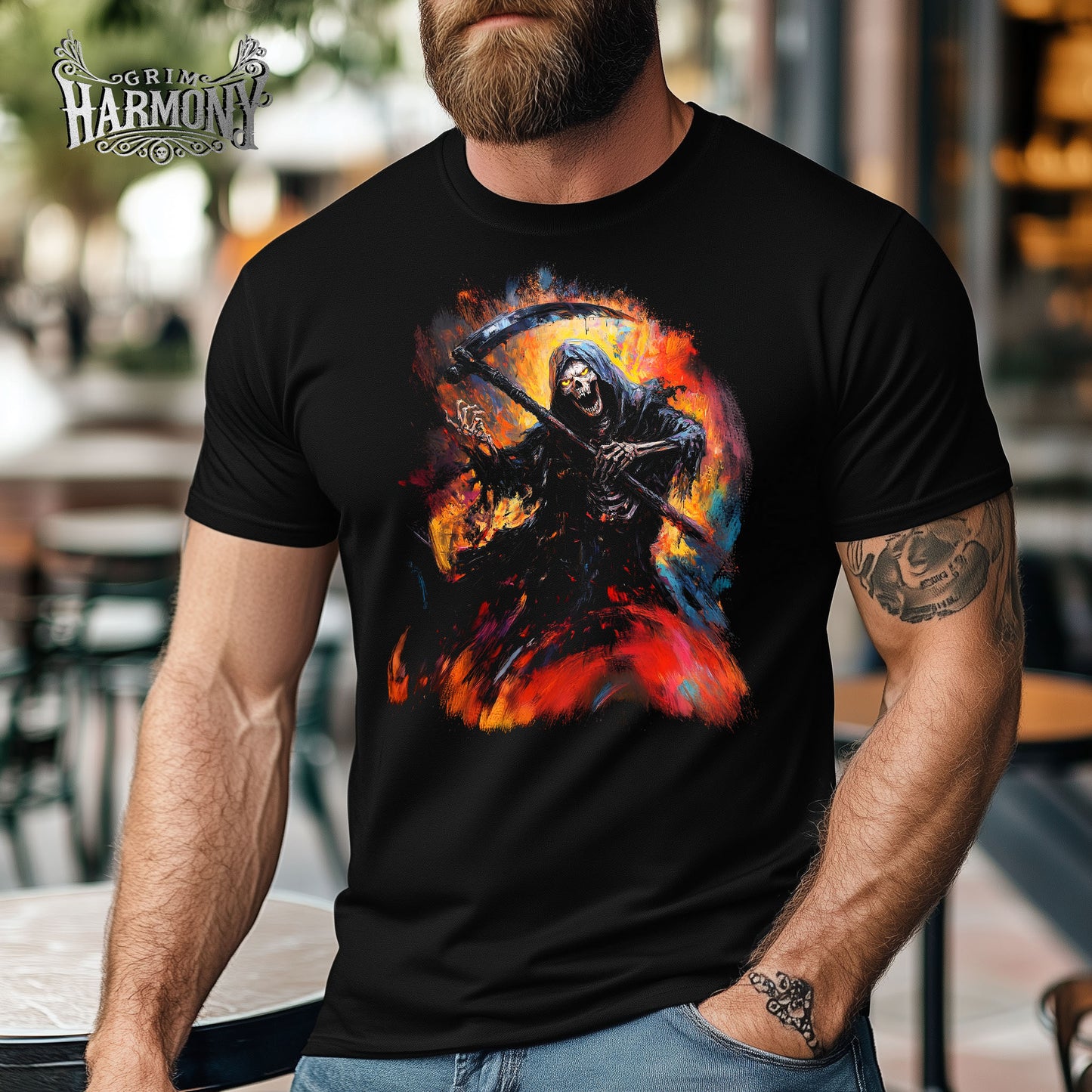 Grim Harmony “Inferno Reaper” T-shirt – Fiery Gothic Art with Bold Elegance