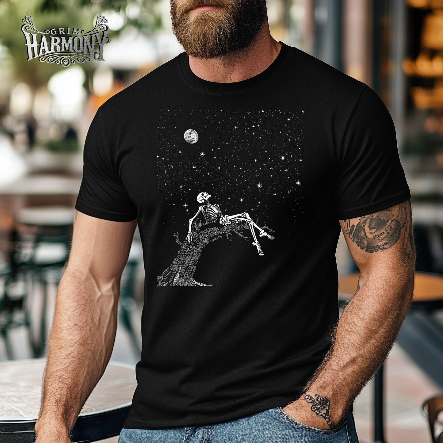 Grim Harmony “Moonlit Skeleton Dream” T-shirt – Gothic Art with Ethereal Night Sky