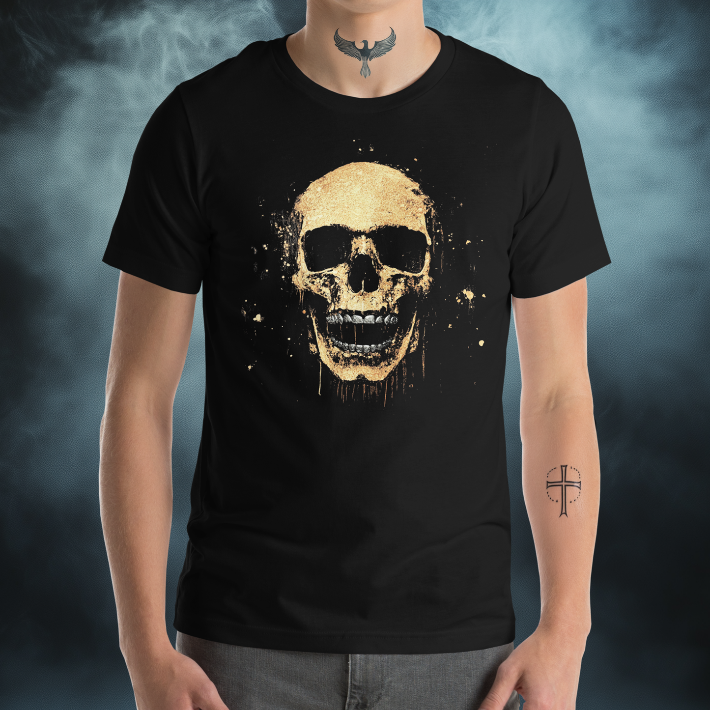 Grim Harmony “Golden Skull Splatter” T-shirt – Bold Gothic Art with Gold Elegance