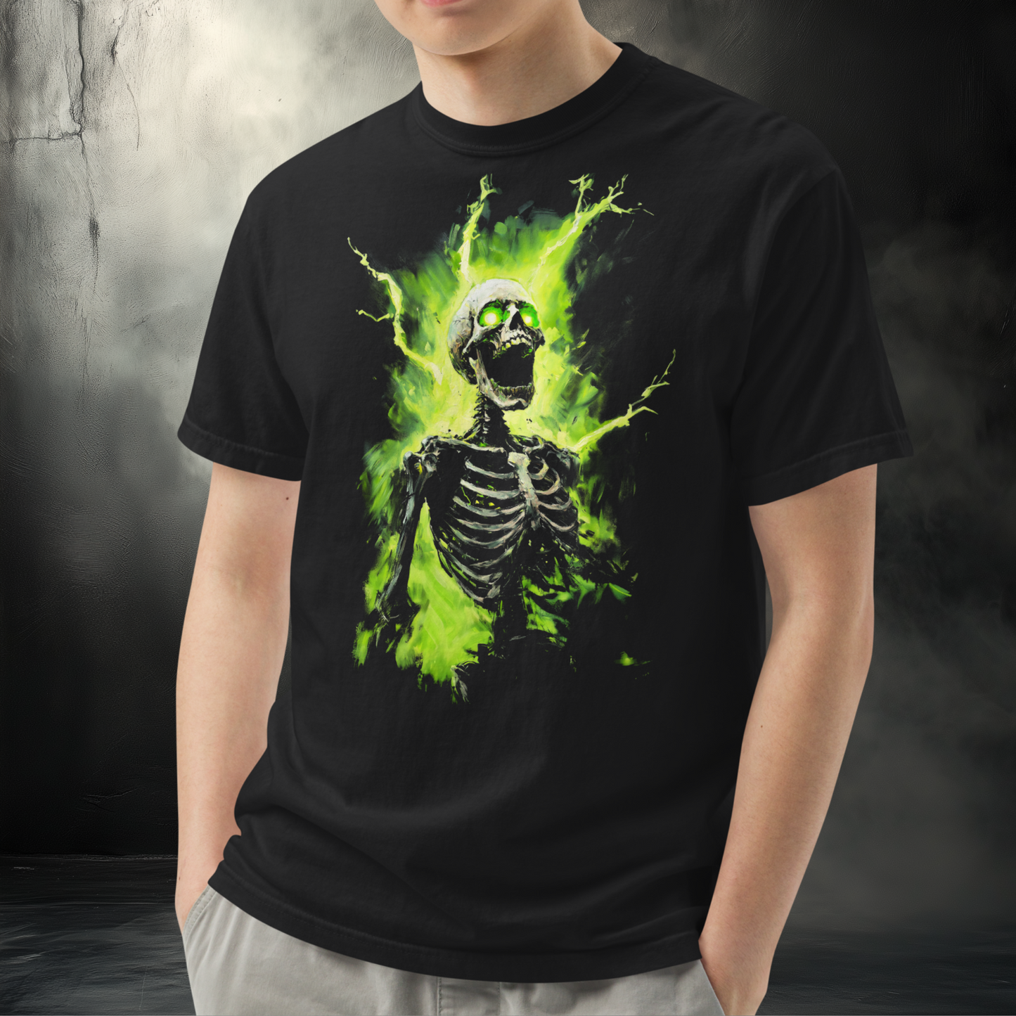 Gothic Skeleton Tee, Neon Afterlife Shirt, Alternative Fashion Top, Grim Harmony Graphic T-Shirt, Edgy Green Skeleton Clothing