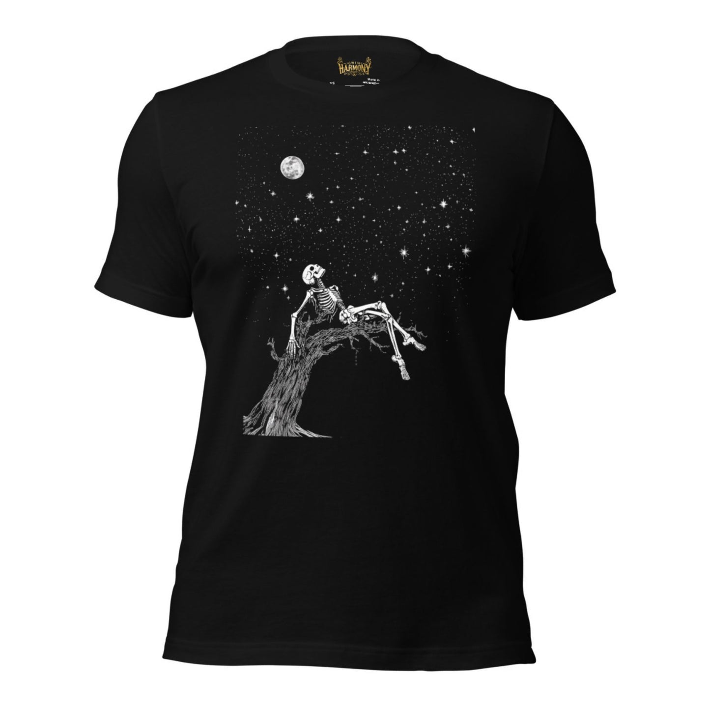 Grim Harmony “Moonlit Skeleton Dream” T-shirt – Gothic Art with Ethereal Night Sky