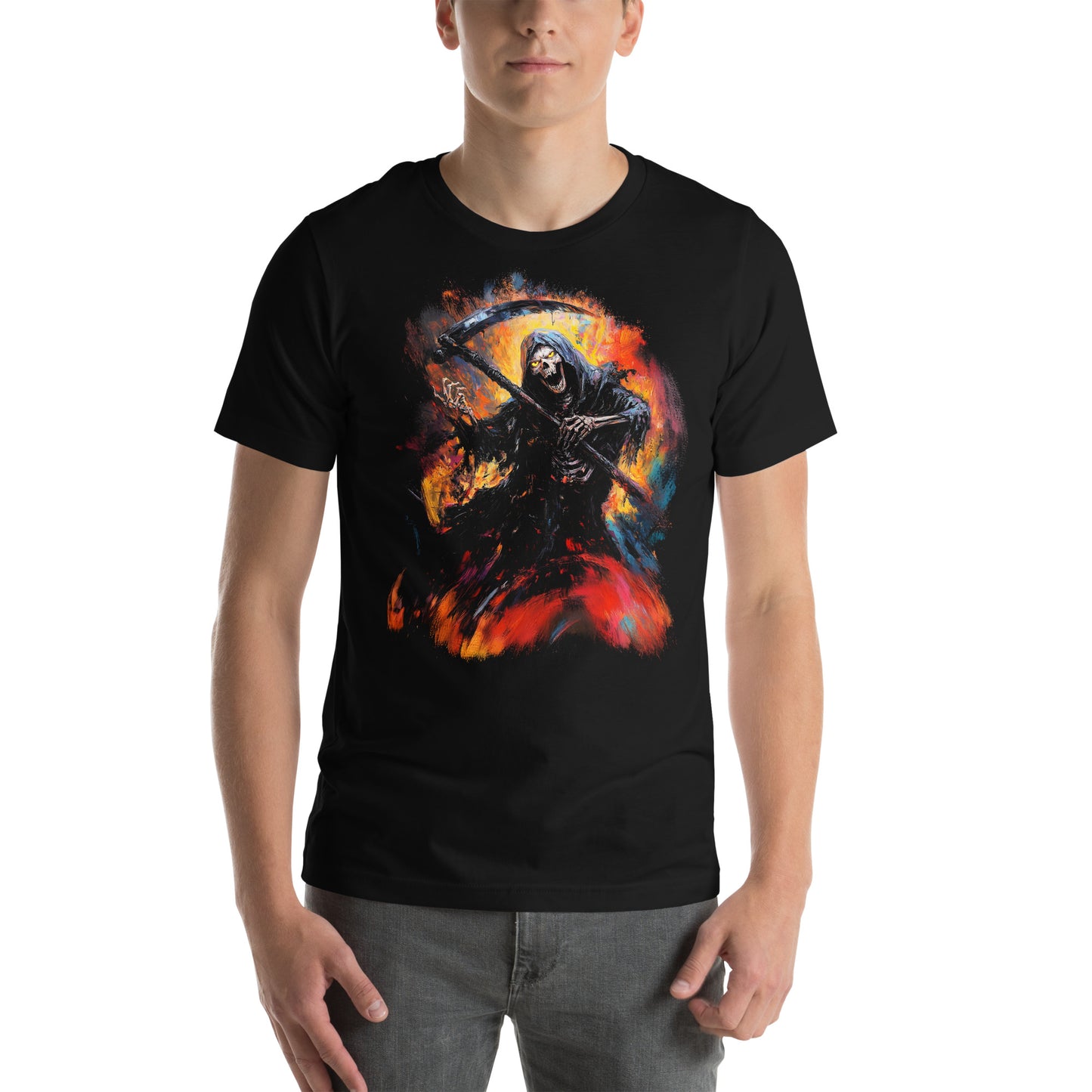 Grim Harmony “Inferno Reaper” T-shirt – Fiery Gothic Art with Bold Elegance