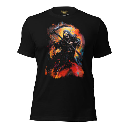 Grim Harmony “Inferno Reaper” T-shirt – Fiery Gothic Art with Bold Elegance