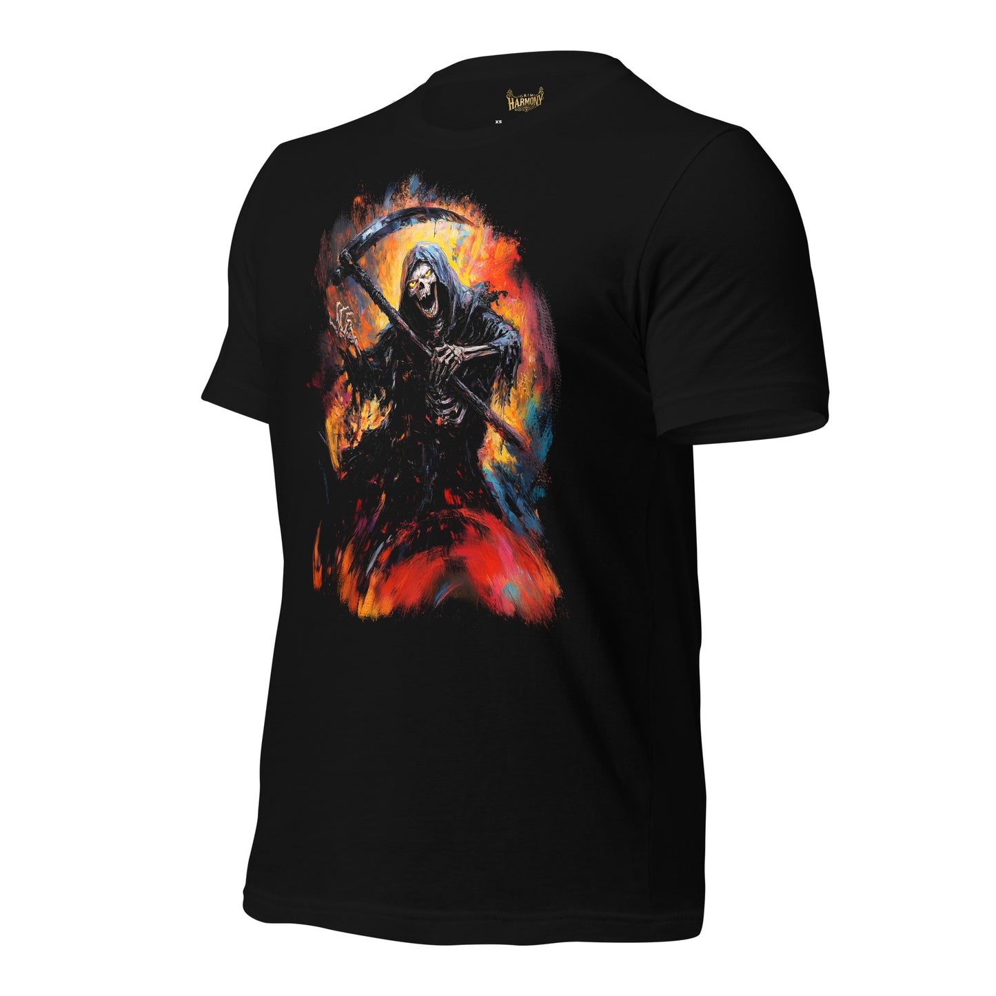 Grim Harmony “Inferno Reaper” T-shirt – Fiery Gothic Art with Bold Elegance