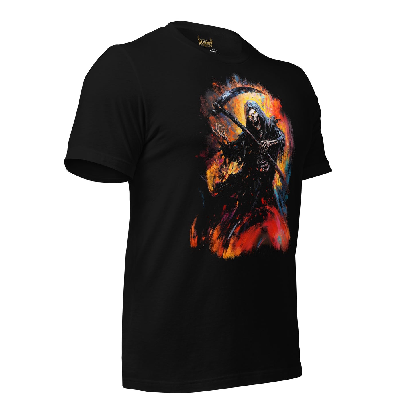 Grim Harmony “Inferno Reaper” T-shirt – Fiery Gothic Art with Bold Elegance